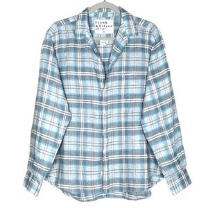 Frank & Eileen Relaxed Fit Eileen Button-Up Shirt Blue White Linen Top Large L